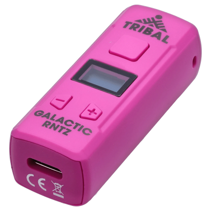 Angled close-up of the bright pink Tribal – Genetic Pro 510 Batteries – Galactic Rntz showing the top buttons, small LCD, and printed logo.