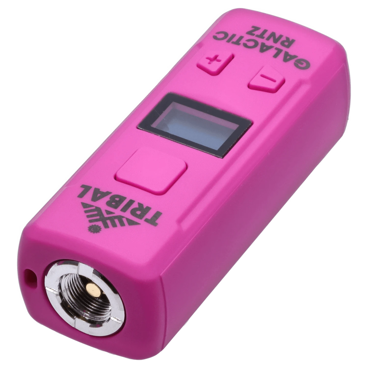 Angled close-up of the pink Tribal – Genetic Pro 510 Batteries – Galactic Rntz unit showing its top buttons, small LCD, and threaded metal 510 connector.