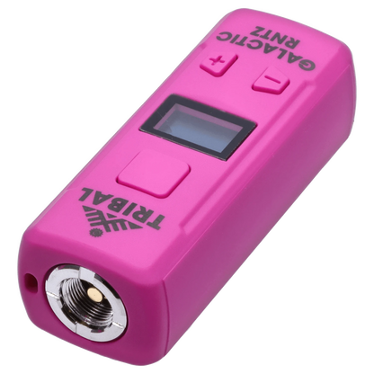 Angled close-up of the pink Tribal – Genetic Pro 510 Batteries – Galactic Rntz unit showing its top buttons, small LCD, and threaded metal 510 connector.