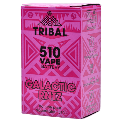 Three-quarter view of the pink Tribal – Genetic Pro 510 Batteries – Galactic Rntz box with bold black "TRIBAL" and "510 VAPE BATTERY" text over geometric patterns.