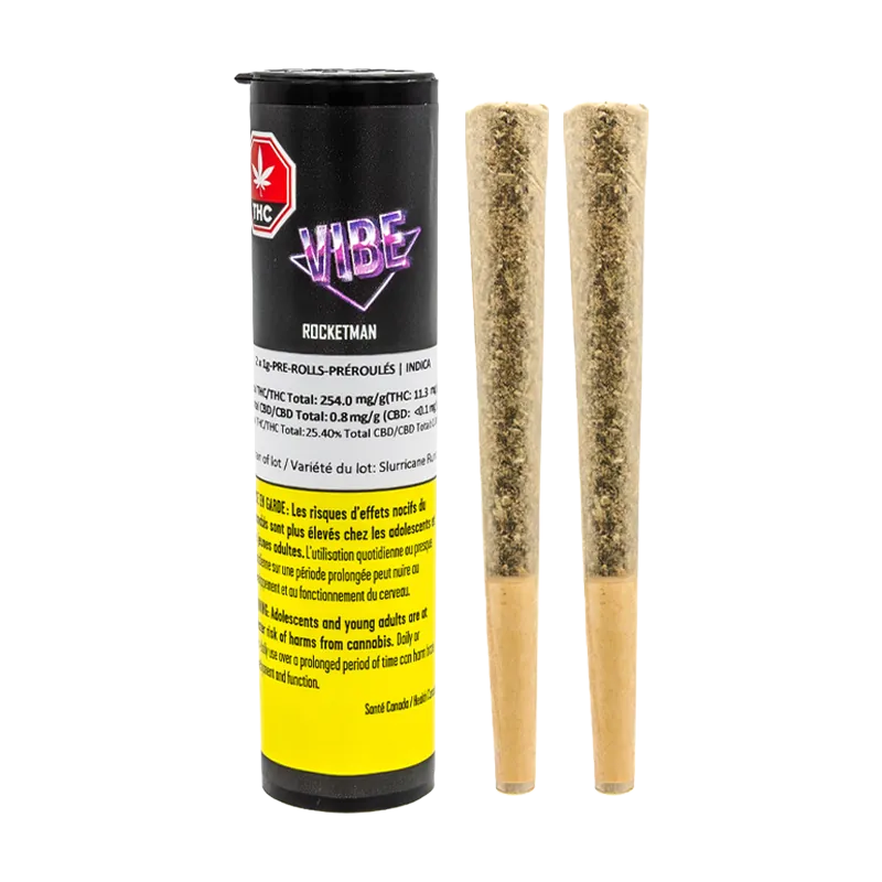 Front-facing shot of a black tube next to two pre-rolled joints, labeled Rocketman PR 2 x 1 g, on a white background.