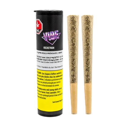 Front-facing shot of a black tube next to two pre-rolled joints, labeled Rocketman PR 2 x 1 g, on a white background.