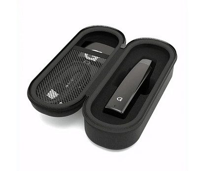 The G Pen Elite Dry Herb Vaporizer is shown open, revealing its interior within a black carrying case.