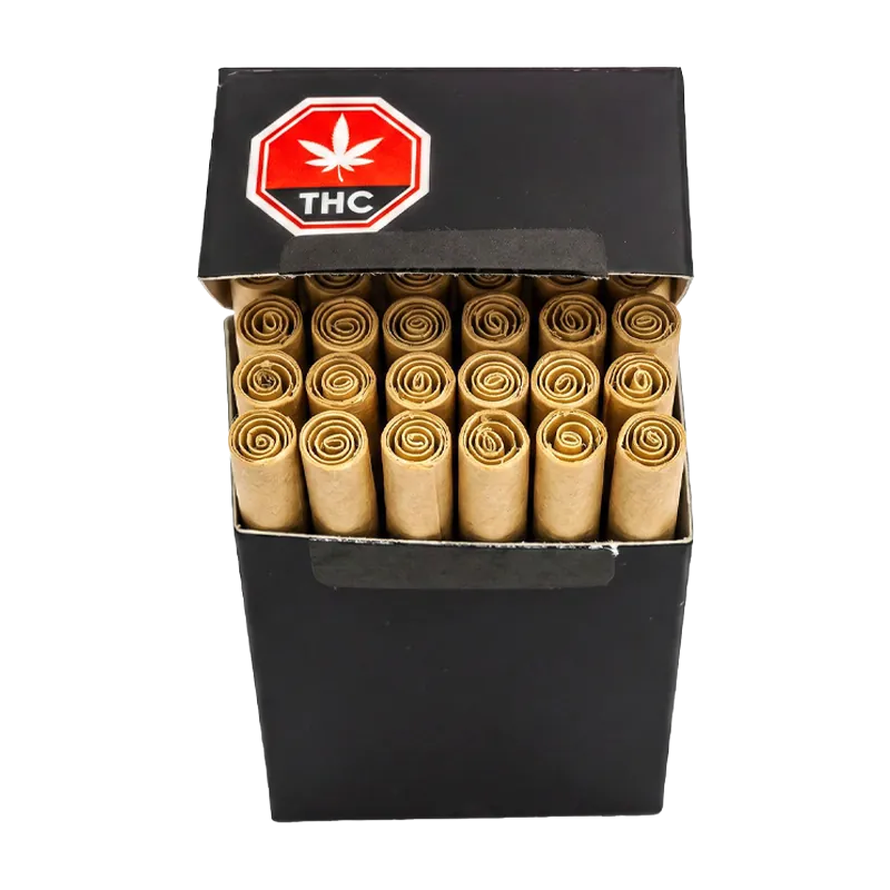 Top-down view of an open black box showing neatly rolled brown papers, labeled Miami Daze PR 14 x 0.5 g on the lid.