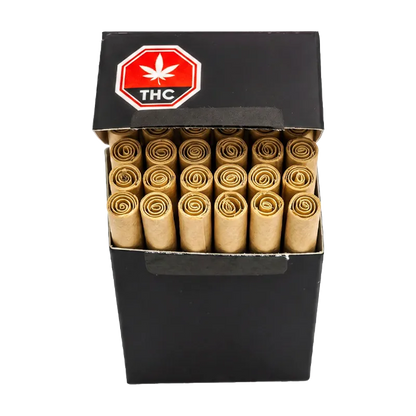 Top-down view of an open black box showing neatly rolled brown papers, labeled Miami Daze PR 14 x 0.5 g on the lid.