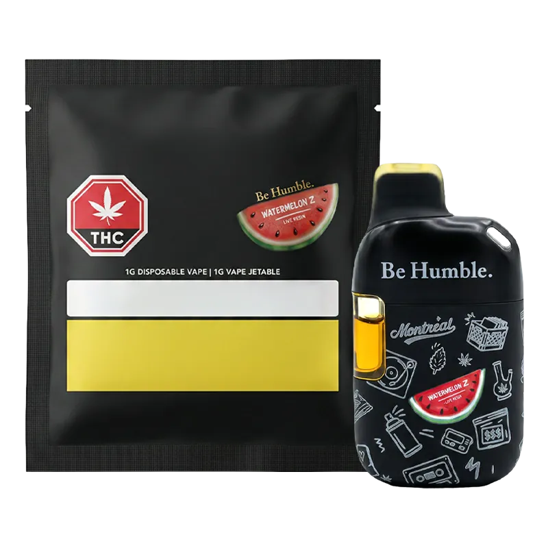 Front-angle shot of the Watermelon Z Live Resin Disposable Vape showing a black pod with "Be Humble." text and matching black pouch.