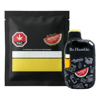 Front-angle shot of the Watermelon Z Live Resin Disposable Vape showing a black pod with "Be Humble." text and matching black pouch.