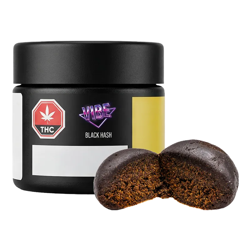 Front-facing jar labeled Vibe Black Hash with a halved dark brown, crumbly ball placed in front on a white background