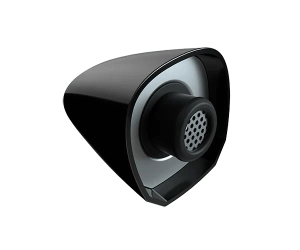 Close-up, angled view of the G Pen Elite Dry Herb Vaporizer, showcasing its sleek, black design.