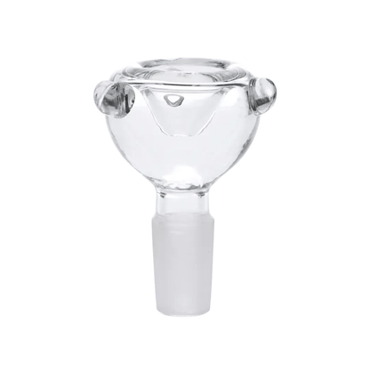 A slightly angled view of the Valiant Bubble Bowl with Bubble Handle, showcasing its clear glass construction and unique handle design.