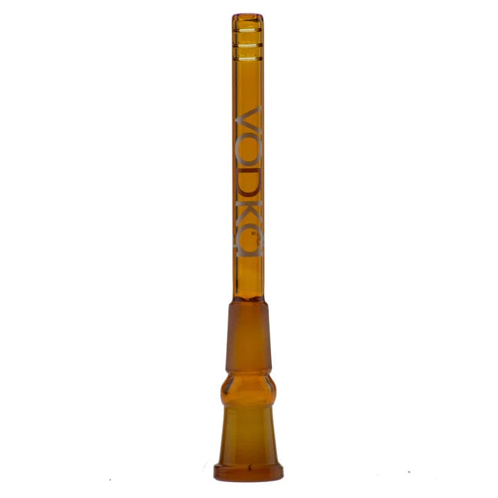 A straight-on view of the amber 110mm Vodka Downstem, showing its glass construction and simple cylindrical shape.