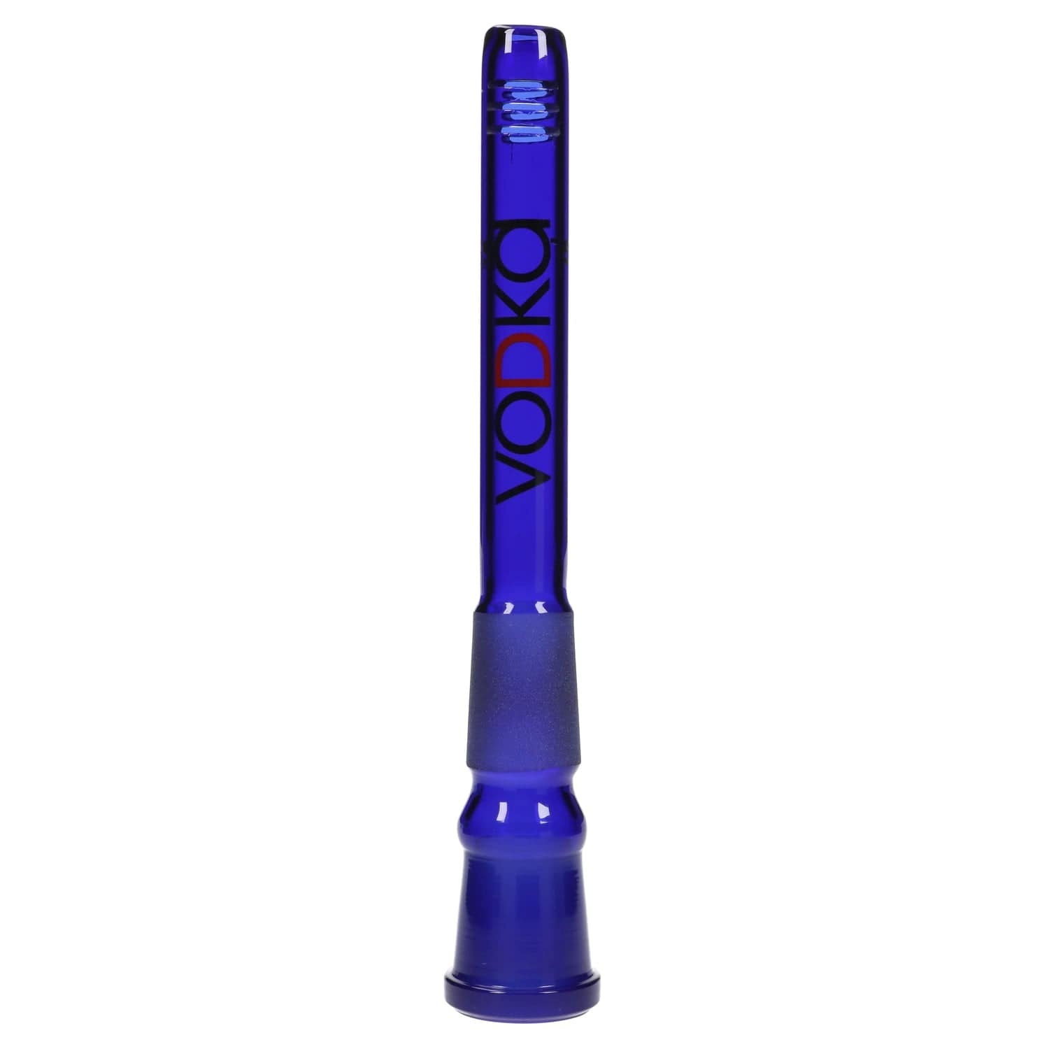A front view of the 120mm Vodka Downstem - 18-18 - Blue, showcasing its simple cylindrical shape against a plain white background.