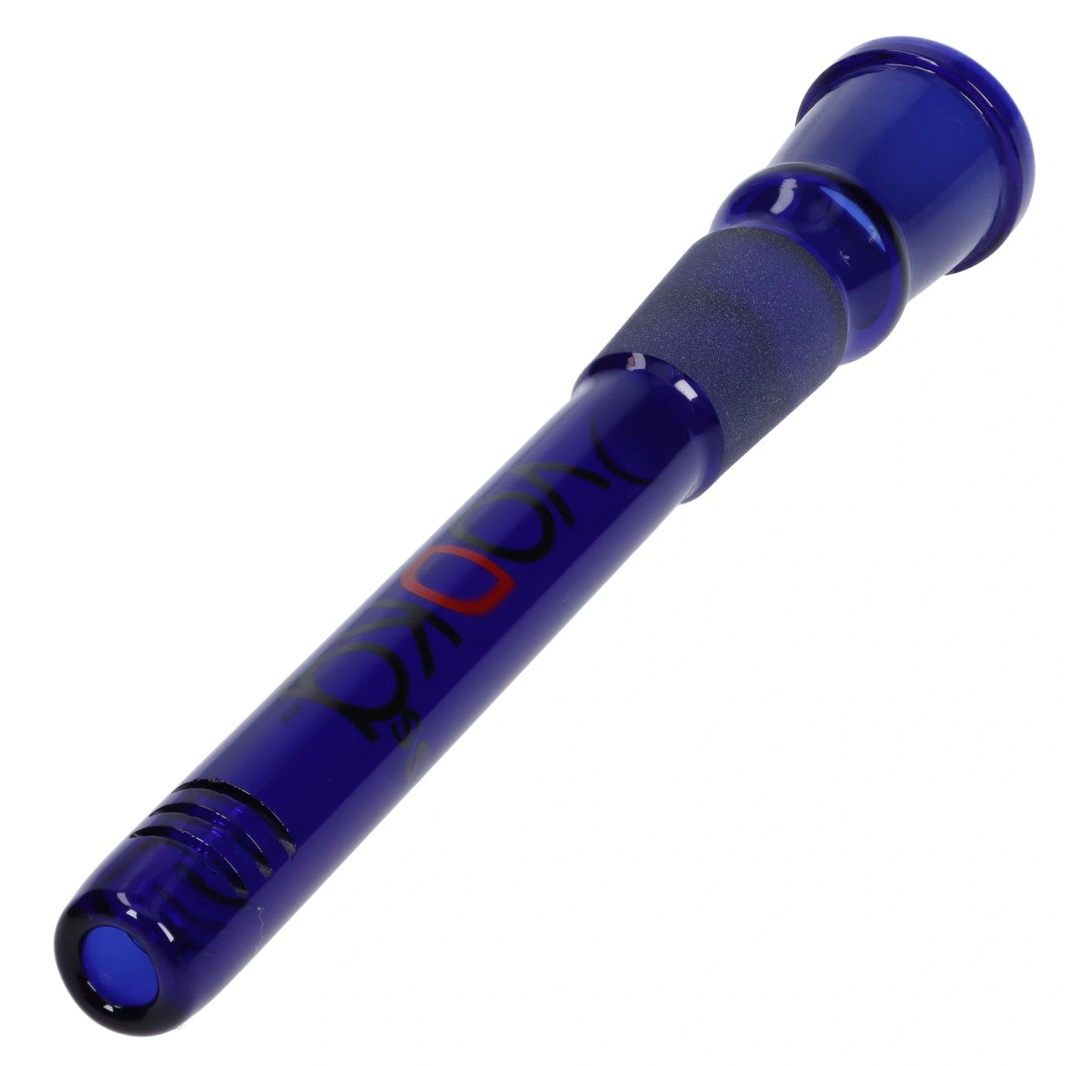 A slightly angled view of the 120mm blue Vodka Downstem, showing its cylindrical glass form and clean construction.