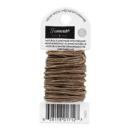 A close-up of the Famous X Hemp Wick roll, showcasing the tightly wound, natural fiber material.