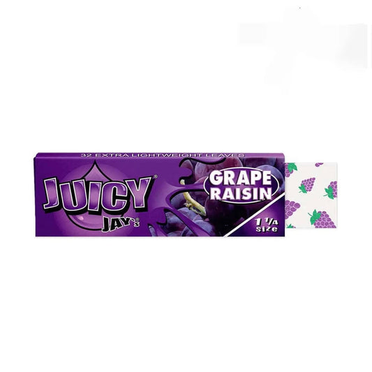 A close-up of Juicy Jay's Rolling Papers - Grape - 1 ¼, showing the packet against a dark background.