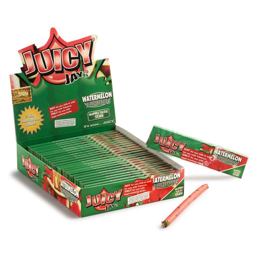 A close-up of Juicy Jay's Rolling Papers - Watermelon - King Size package, angled slightly and displaying bold, colorful graphics.