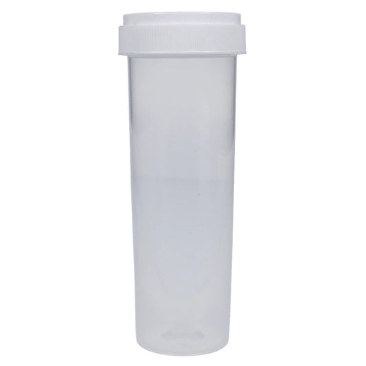 Front view of the clear Valiant Child Resistant Vial Container, a 60 dram vial with a simple cylindrical shape.