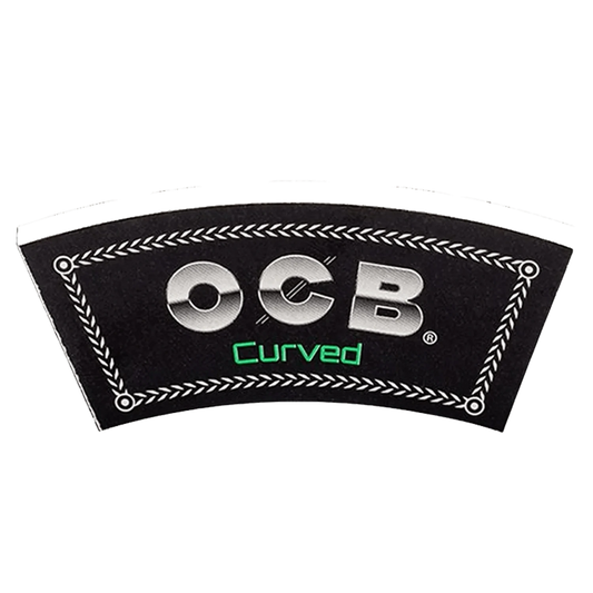 A close-up of the OCB Premium Curved Perforated Tips, displaying a stack of white, perforated rolling tips.