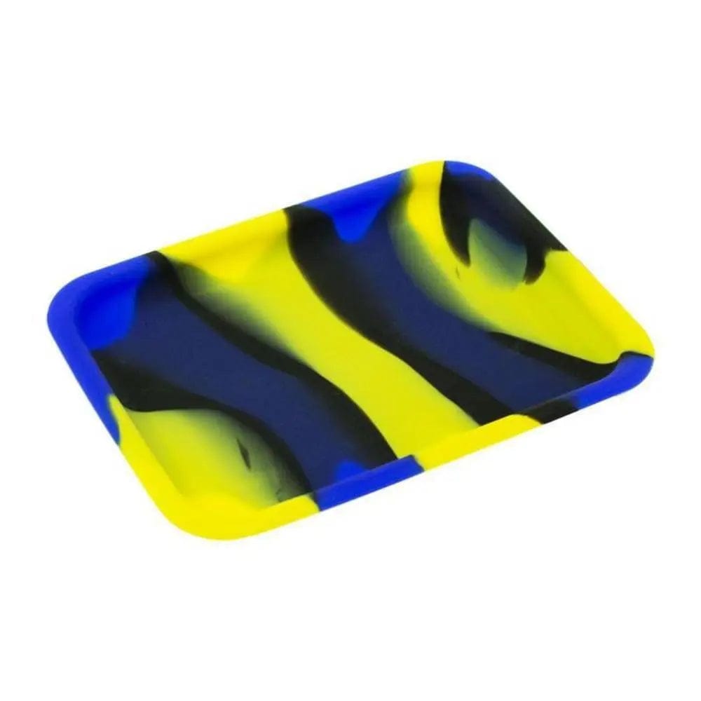 Overhead view of the Valiant Silicone Rolling Tray, featuring a vibrant blue, yellow, and black color scheme.