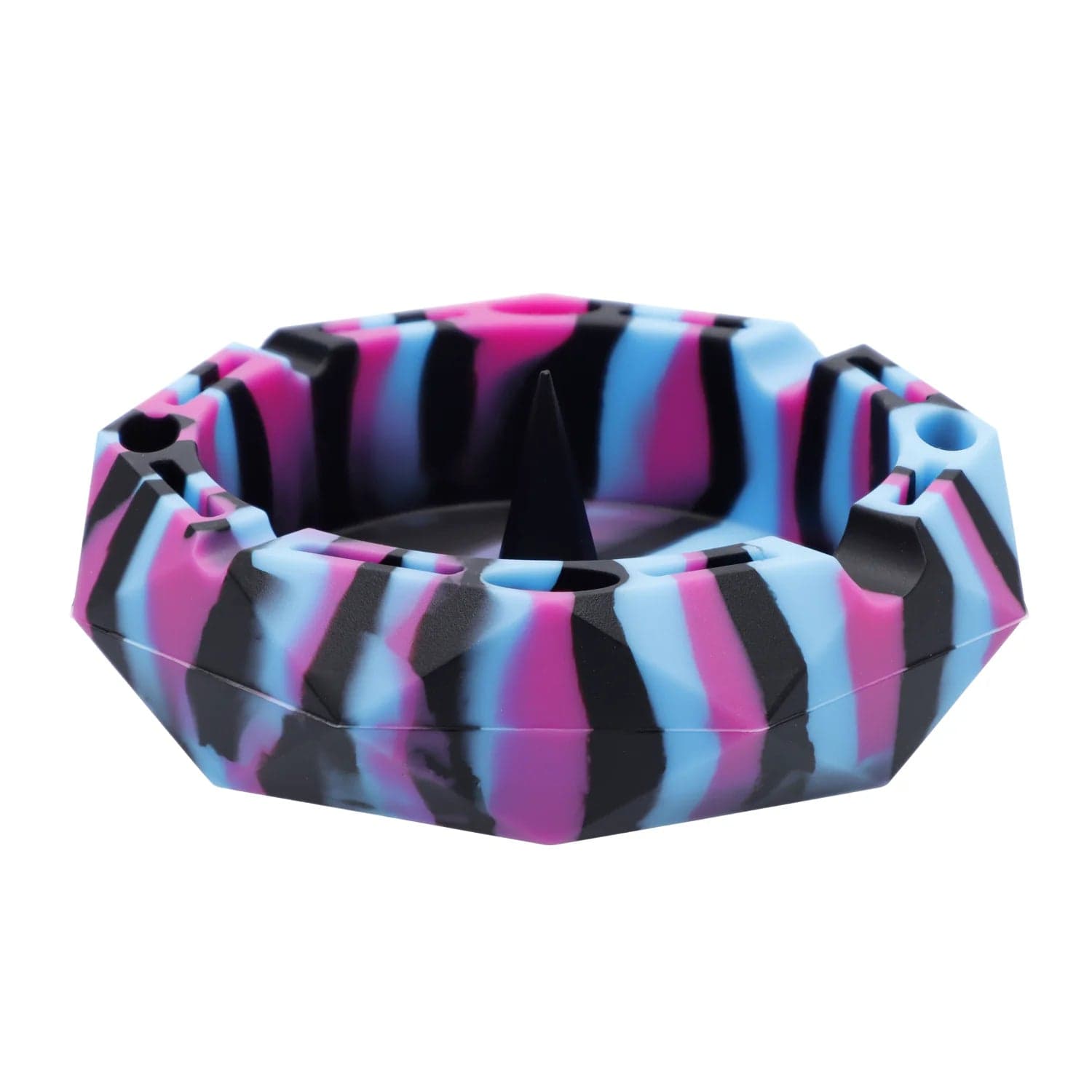 A close-up, angled view of the Valiant Silicone Diamond Ashtray-5in, displaying its faceted design and smooth, dark interior.