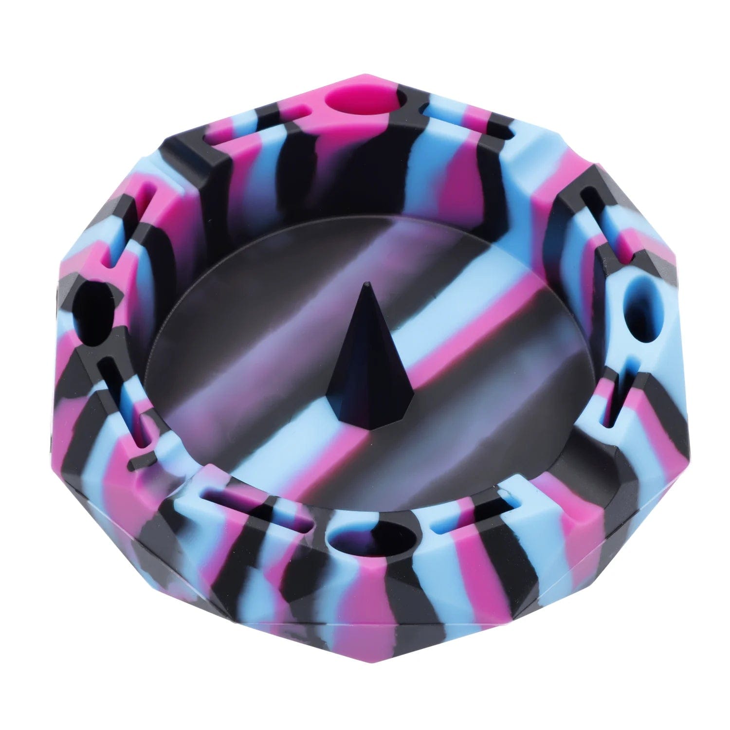 Overhead view of the Valiant Silicone Diamond Ashtray, a faceted, dark-colored dish for collecting ash.