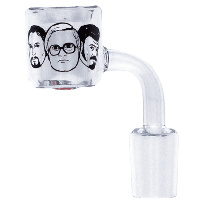 A three-quarter view of the TPB 90 Degree Quartz Thermal Banger, showing its clear quartz construction and angled joint.