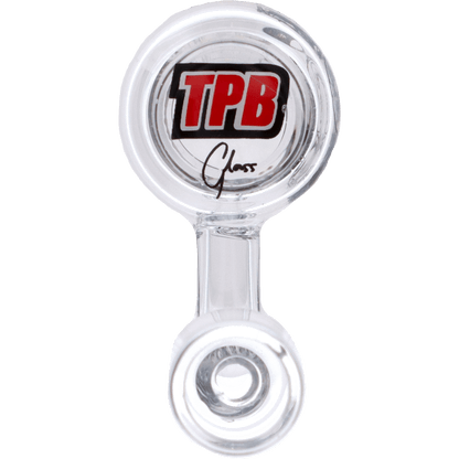 A close-up, angled view of the TPB 90 Degree Quartz Thermal Banger, showcasing its clear quartz material and male 18mm joint.