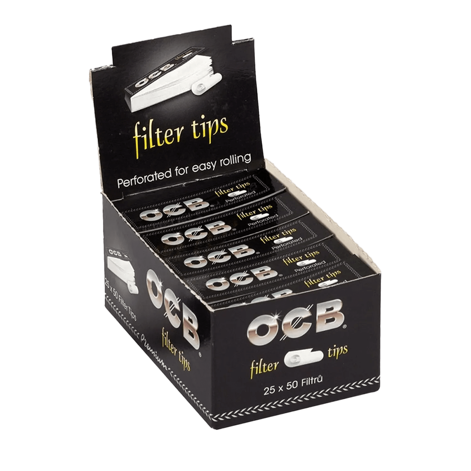 A stack of OCB Premium Black Filter Tip Booklets is displayed from a slight top-down angle against a dark background.