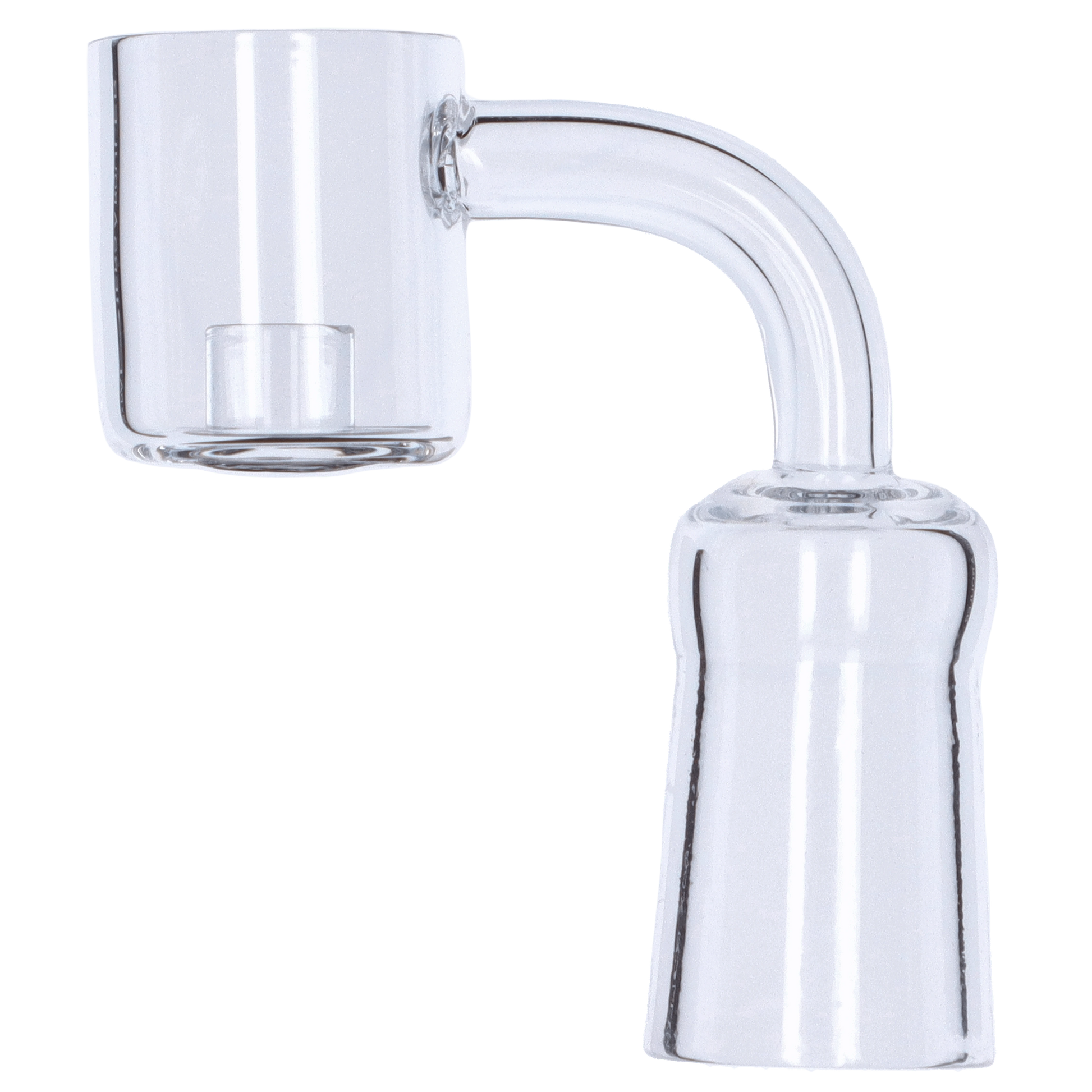 A side view of the Valiant Core Reactor Banger with a polished joint, showcasing its clear glass construction.