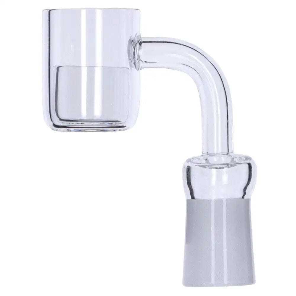 A close-up, angled view of the Valiant Quartz Banger - 4mm Thick 90 Degree - Male 18mm, showcasing its clear glass construction.