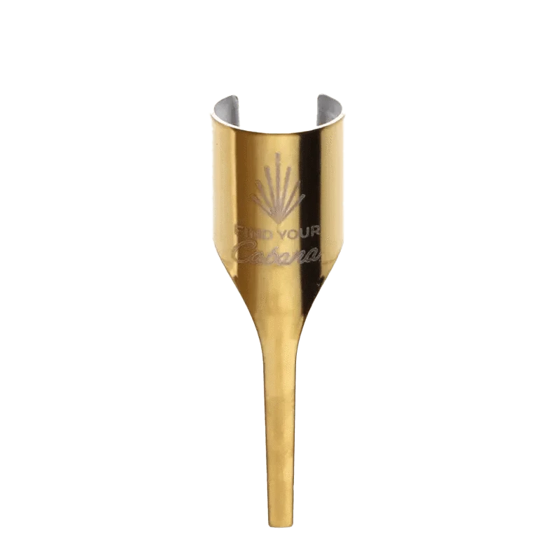 A close-up, angled view of the Kasher 360 - Canna Cabana Logo, showcasing its gold finish and sleek, cylindrical form.
