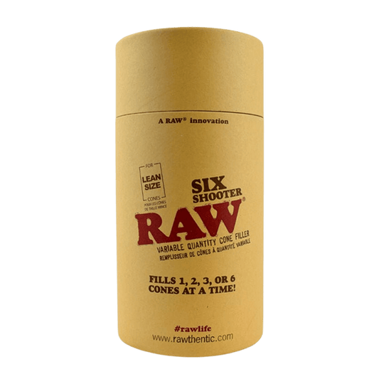 Close-up of the Raw Six Shooter Lean Cone Filler against a plain white background, showcasing its packaging design.