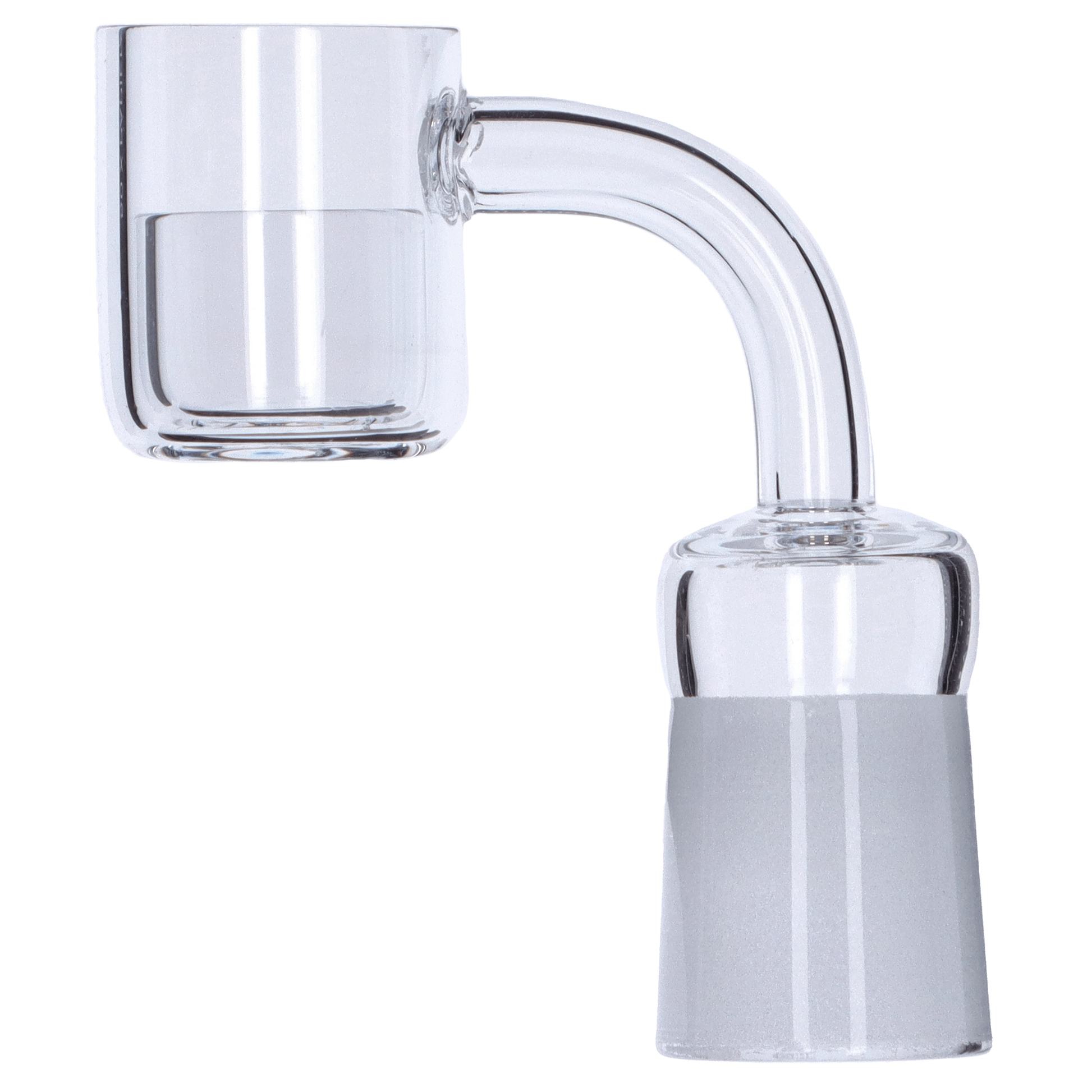 A close-up, angled view of the Valiant Core Reactor Banger, showcasing the clear glass and 90-degree joint.