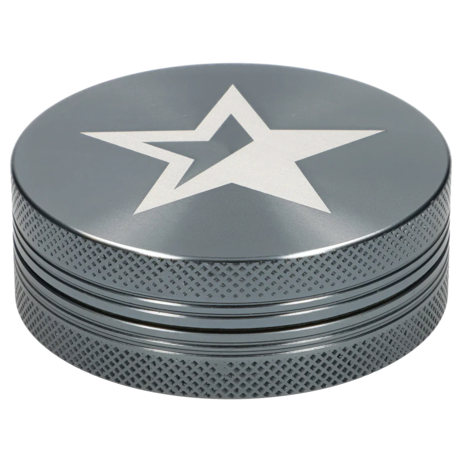 Top-down close-up of the Famous X Chrome 2 pc Grinder - Gray-55mm showing its gray lid with a centered white star and textured knurled sides.