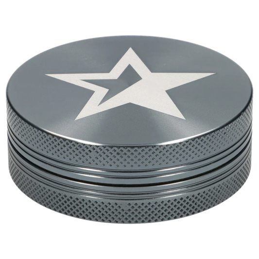 Top-down close-up of the Famous X Chrome 2 pc Grinder - Gray-55mm showing its gray lid with a centered white star and textured knurled sides.