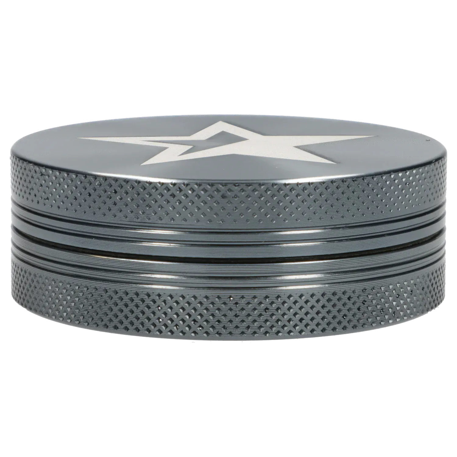 Low-angle close-up of the Famous X Chrome 2 pc Grinder - Gray-55mm showing its textured knurled sides, stacked ridges, and white star graphic on the top.