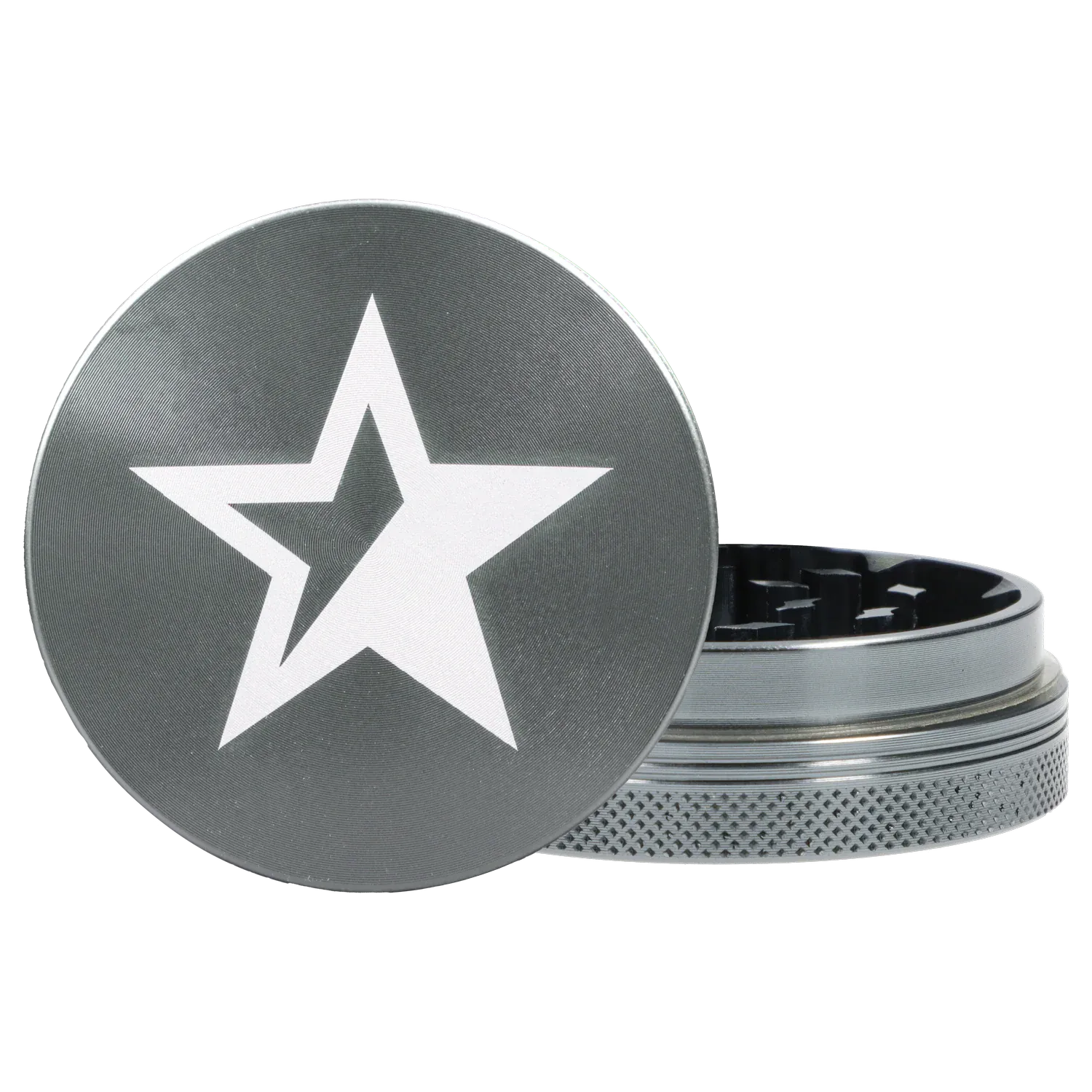 Close-up front view of the Famous X Chrome 2 pc Grinder - Gray-55mm showing its gray lid with a white star and the textured metal base partially open.