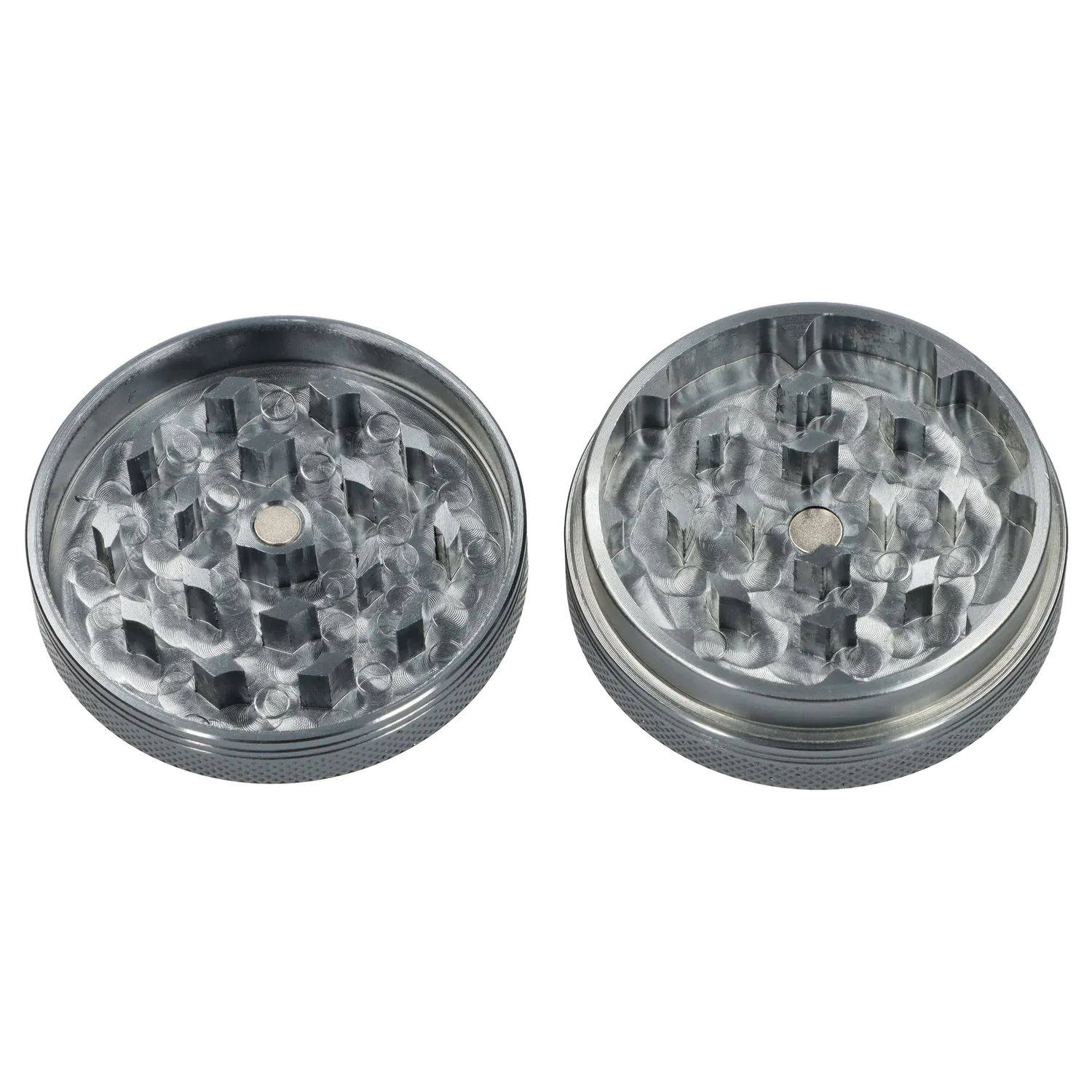 Top-down view of the opened Famous X Chrome 2 pc Grinder - Gray-55mm showing both textured aluminum halves with square teeth and central magnets.