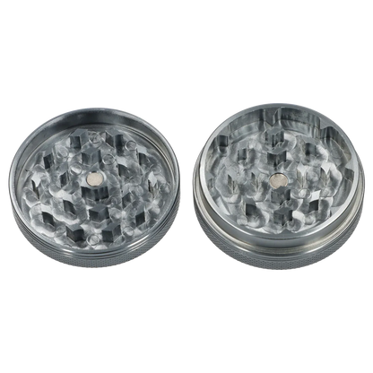 Top-down view of the opened Famous X Chrome 2 pc Grinder - Gray-55mm showing both textured aluminum halves with square teeth and central magnets.
