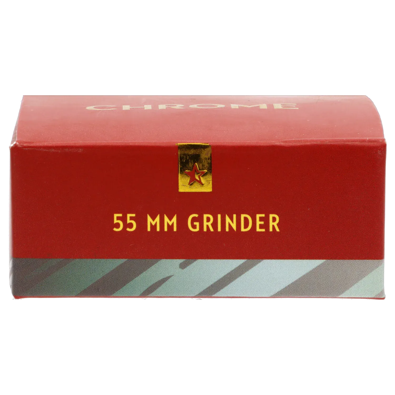 Close-up front view of the Famous X Chrome 2 pc Grinder - Gray-55mm box showing a red top with a gold star seal and "55 MM GRINDER" printed in yellow.