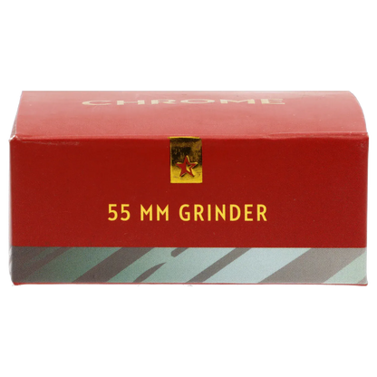 Close-up front view of the Famous X Chrome 2 pc Grinder - Gray-55mm box showing a red top with a gold star seal and "55 MM GRINDER" printed in yellow.