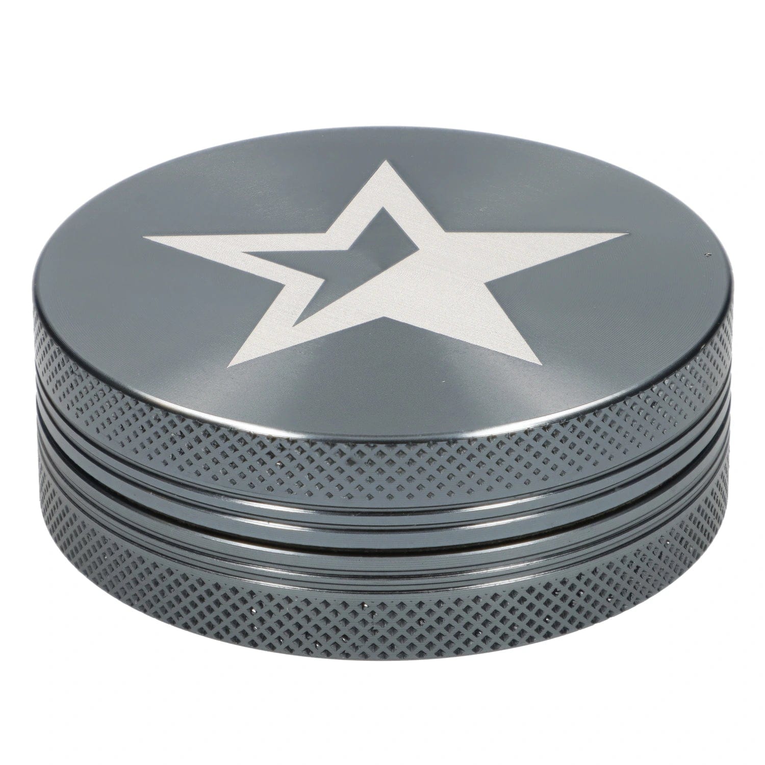 A close-up, angled view of the gray 55mm Famous X Chrome 2 pc Grinder, showcasing its textured metallic surface.