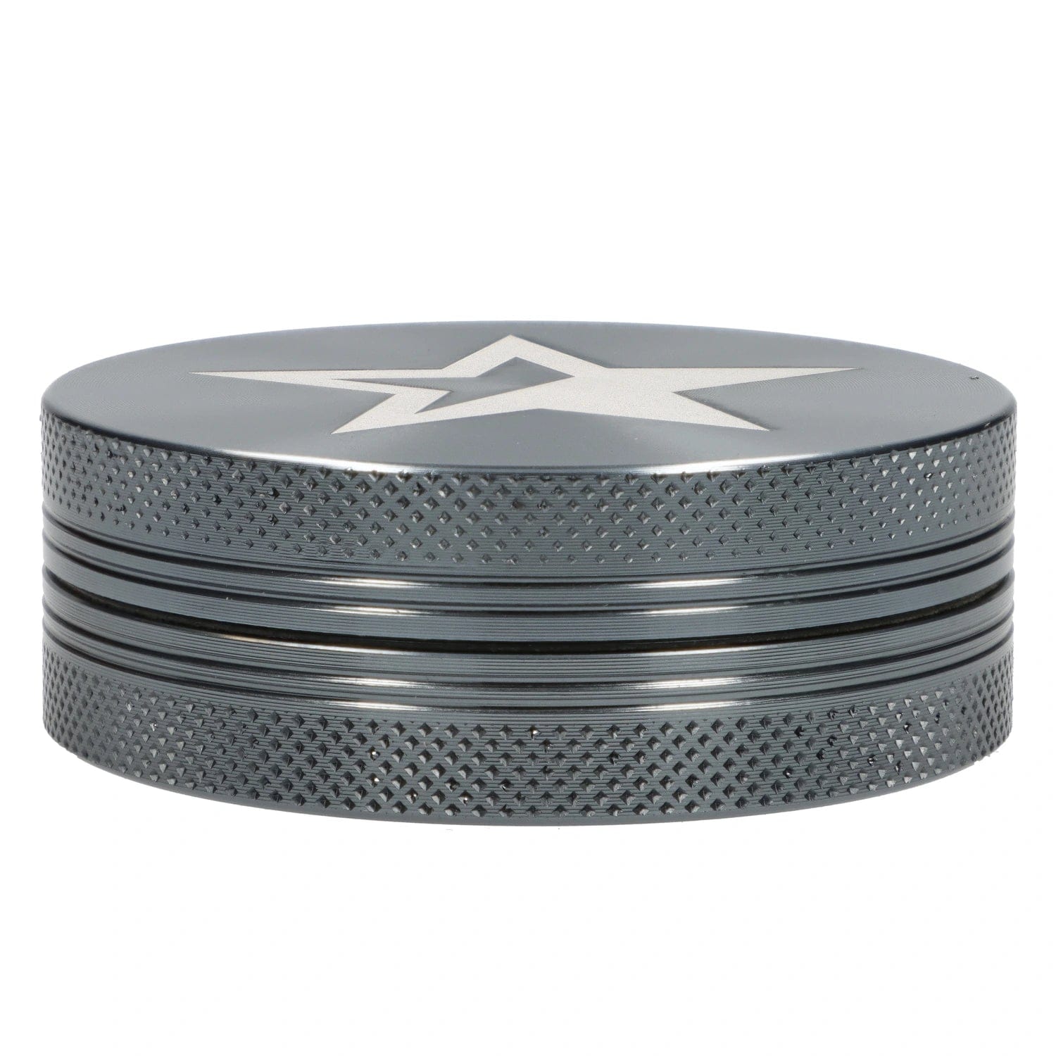 A close-up, angled view of the gray 55mm Famous X Chrome 2 pc Grinder, showcasing its textured, two-piece design.