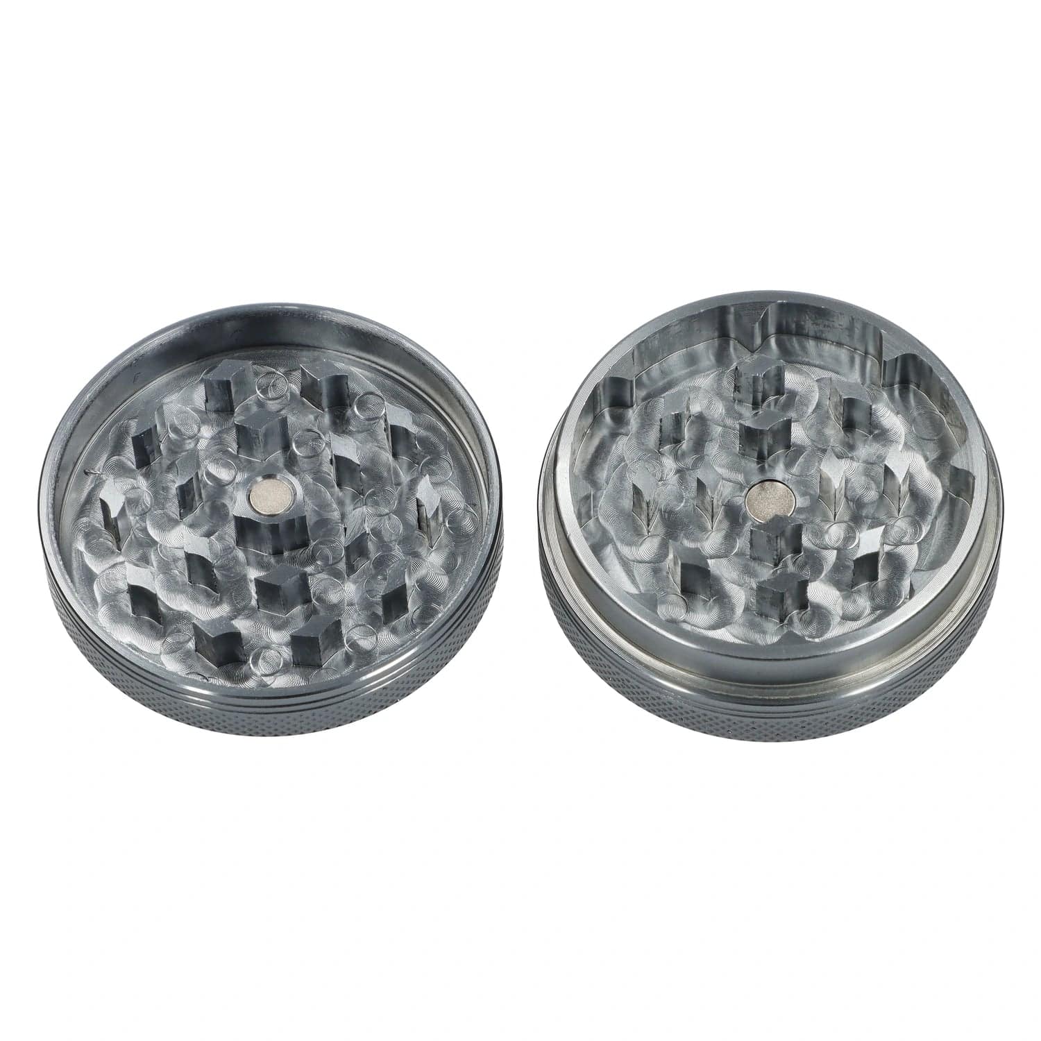 A top-down view of the two-piece Famous X Chrome grinder in gray, showcasing its textured metallic finish and circular design.