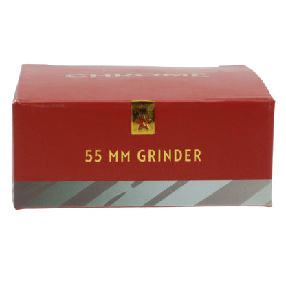 Front view of the Famous X Chrome 2 pc Grinder in gray, showcasing its two-piece design from a slightly elevated angle.