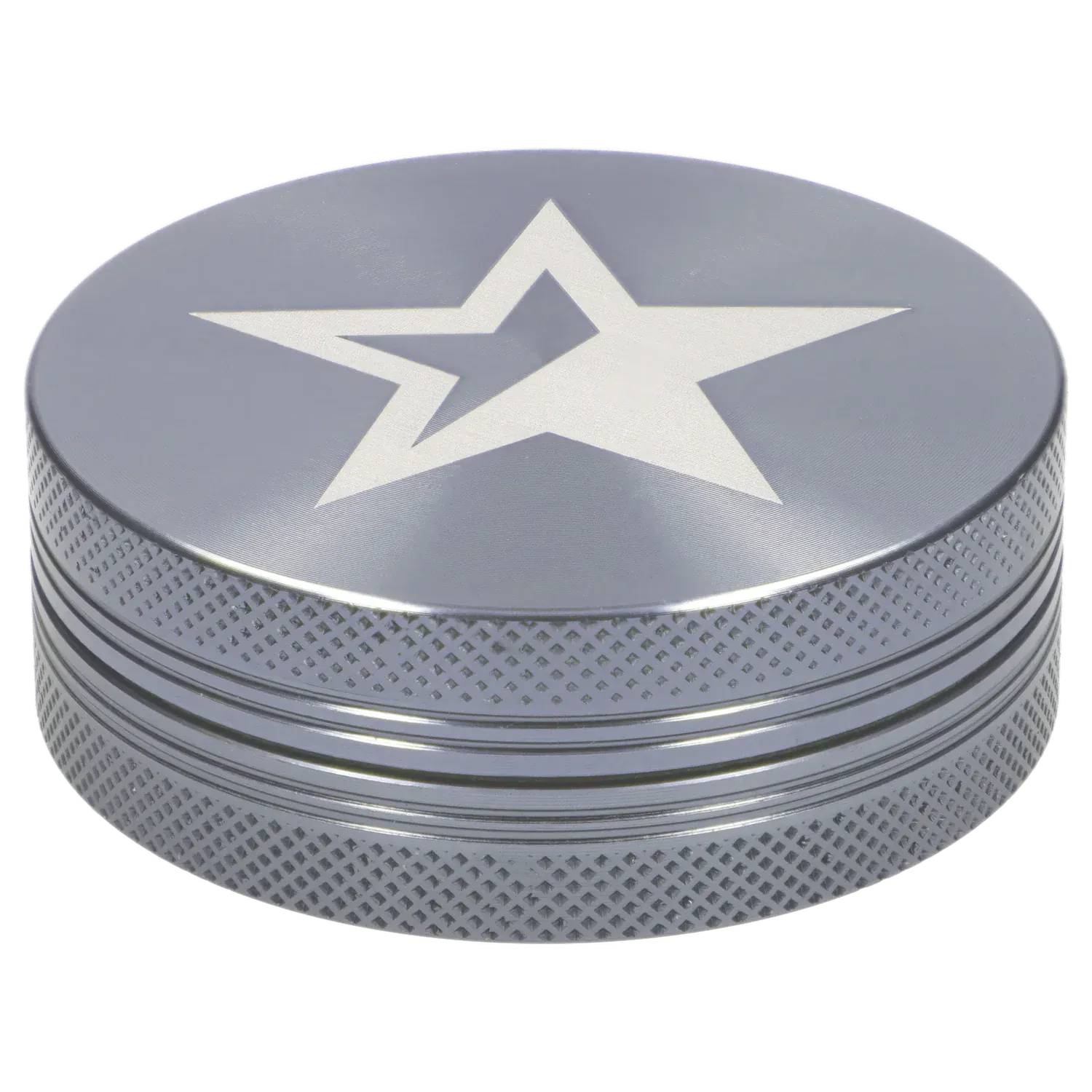 Top-down angled view of the Famous X - Crystal 2 pc Grinder-Silver-55mm showing its silver lid with a recessed white star and textured knurled sides.