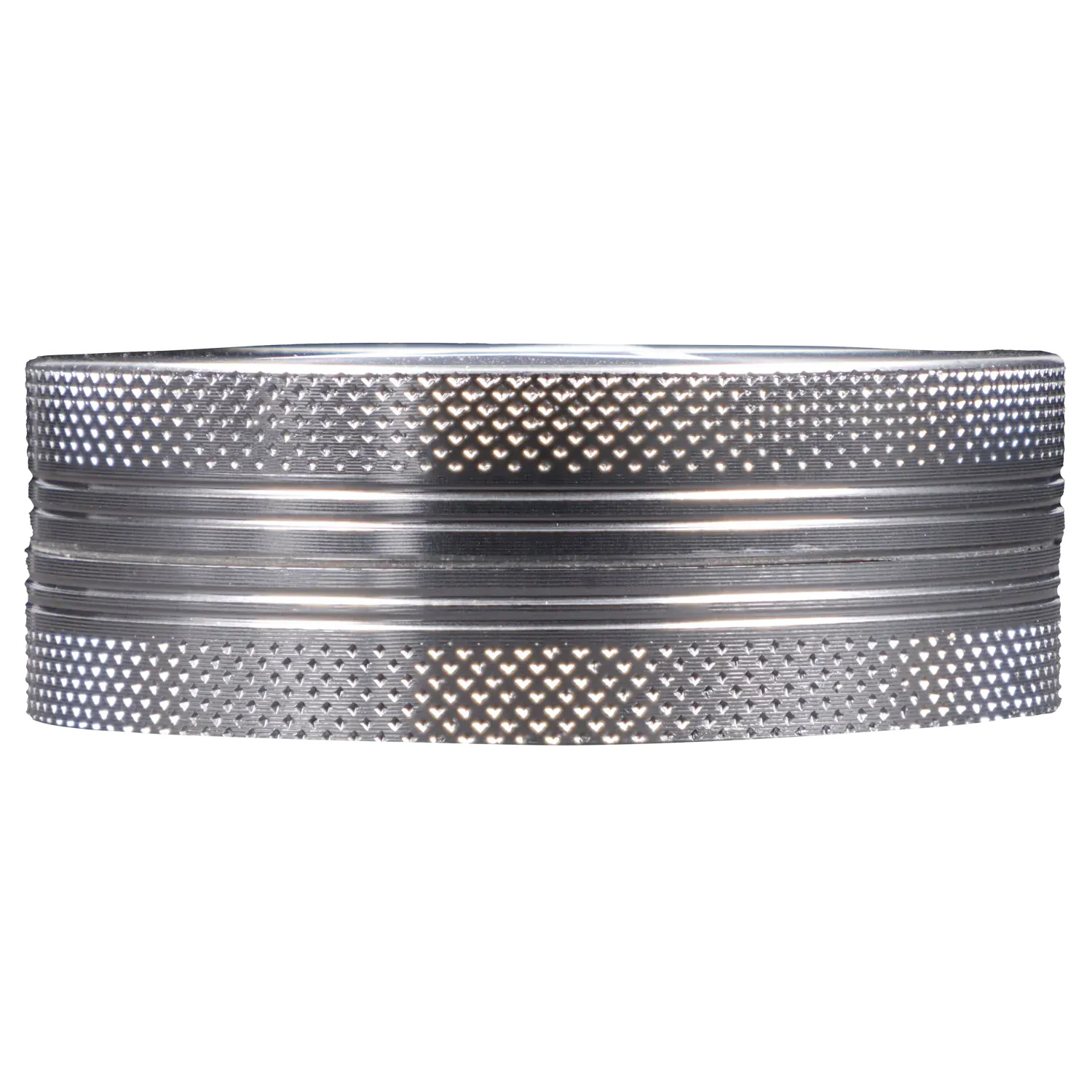 Close-up horizontal view of the textured rim of the Famous X - Crystal 2 pc Grinder-Silver-55mm showing its knurled pattern and metallic sheen.