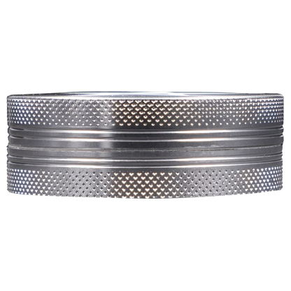 Close-up horizontal view of the textured rim of the Famous X - Crystal 2 pc Grinder-Silver-55mm showing its knurled pattern and metallic sheen.