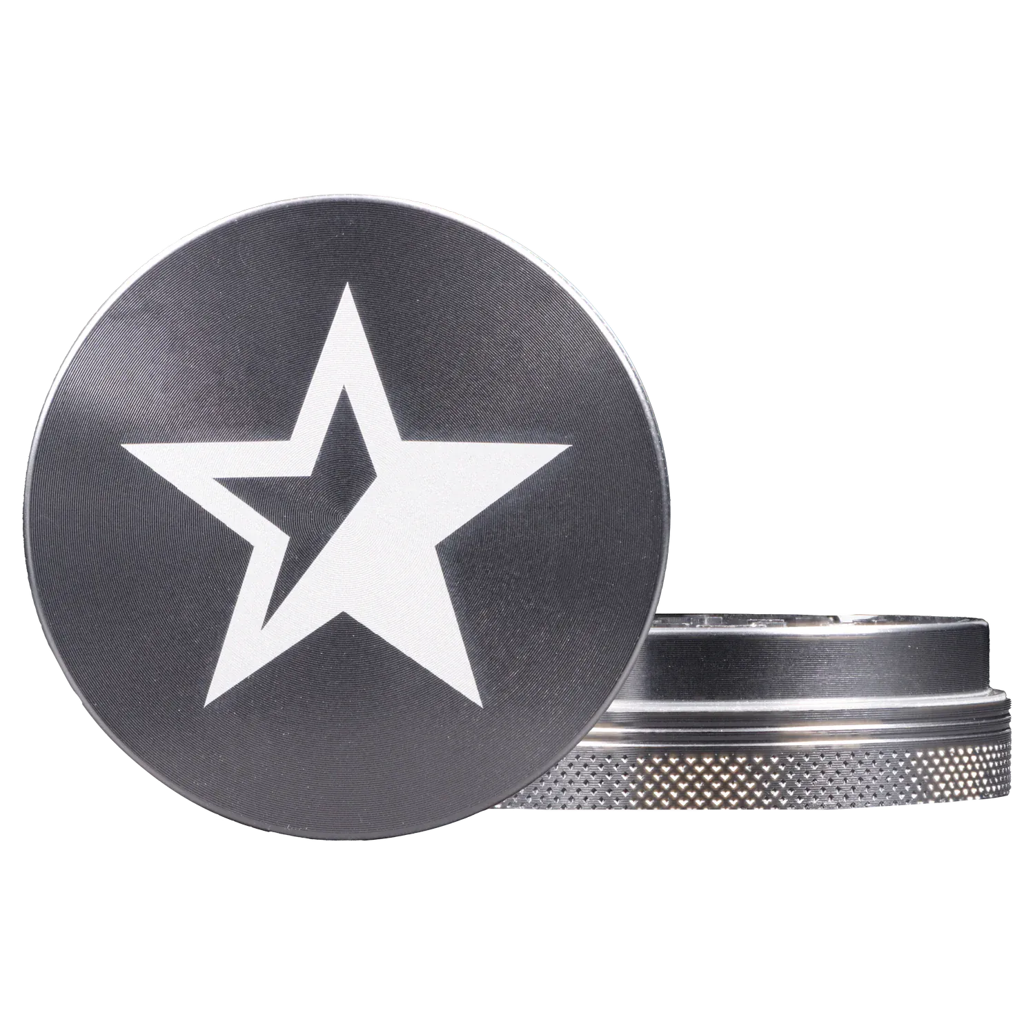 Close-up front view of the Famous X - Crystal 2 pc Grinder-Silver-55mm showing a black lid with a white star motif and the textured silver grinder base.