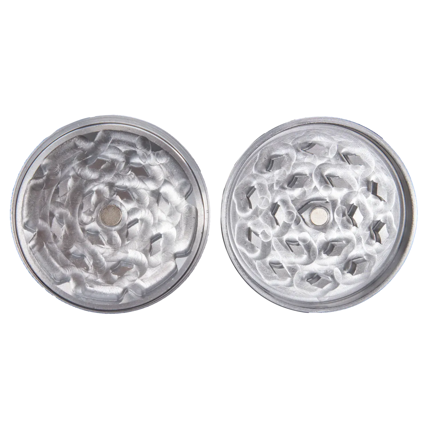 Top-down view of the two halves of the Famous X - Crystal 2 pc Grinder-Silver-55mm showing silvery interlocking teeth and a central magnet.